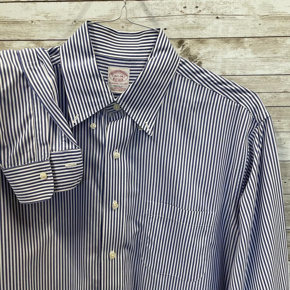 Brooks Brother Mens 16.5-34 Dress Shirt Reg Fit Blue Bengal Stripe Supima Cotton